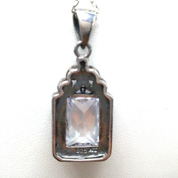 Vintage Sterling Marcasite Clear Crystal Pendant Necklace, Stamped 925 ATI, 17" - Picture 4 of 9